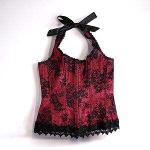 Frederick’s of Hollywood Dream Lace Halter Corset Boned Bodice Red Black 36